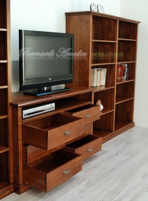 Mobile da soggiorno con cassettiera centrale porta Tv e librerie a giorno ai lati in legno massiccio
